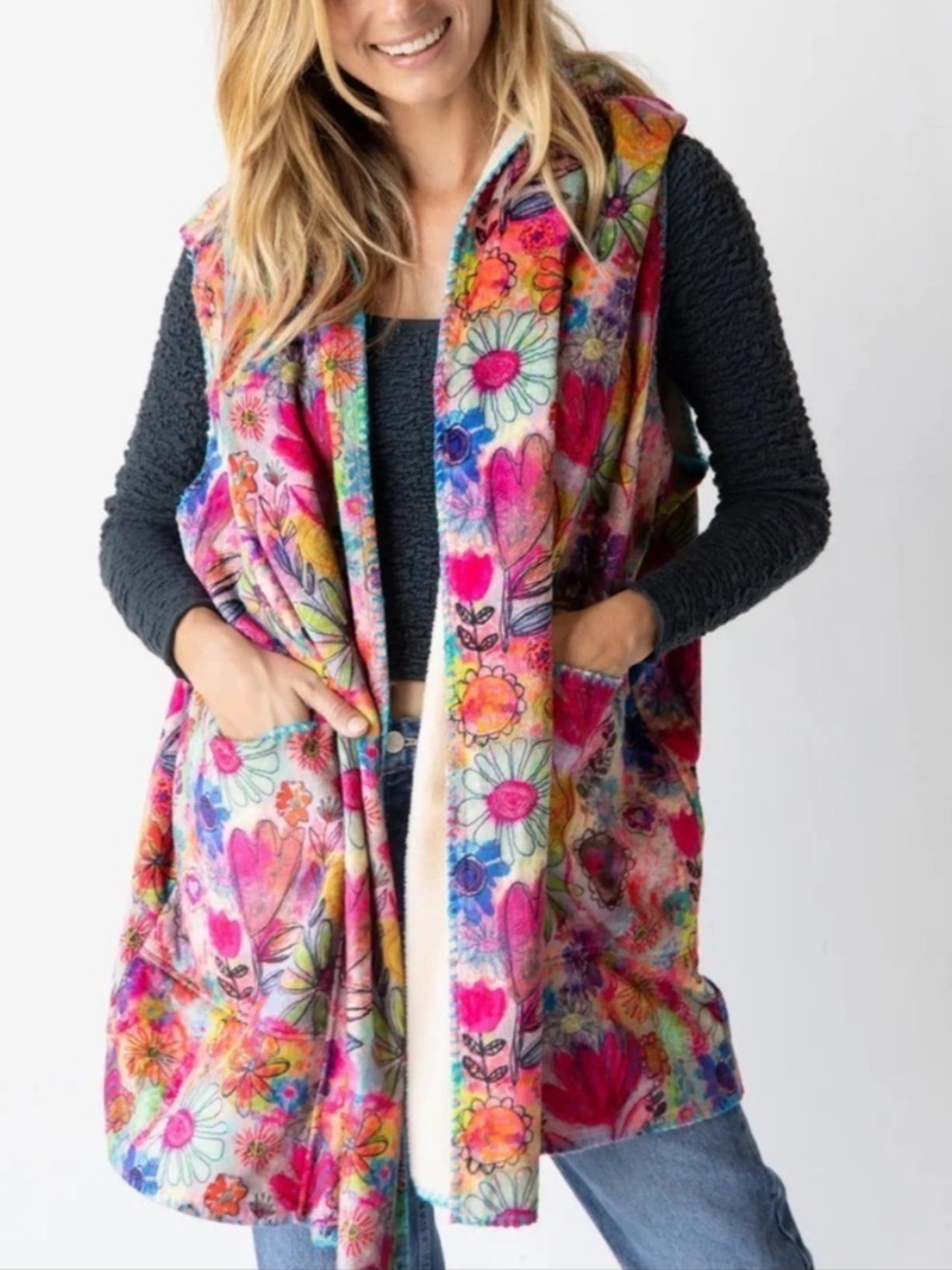 Natural Life Floral-Print Sherpa Fleece Hooded Vest